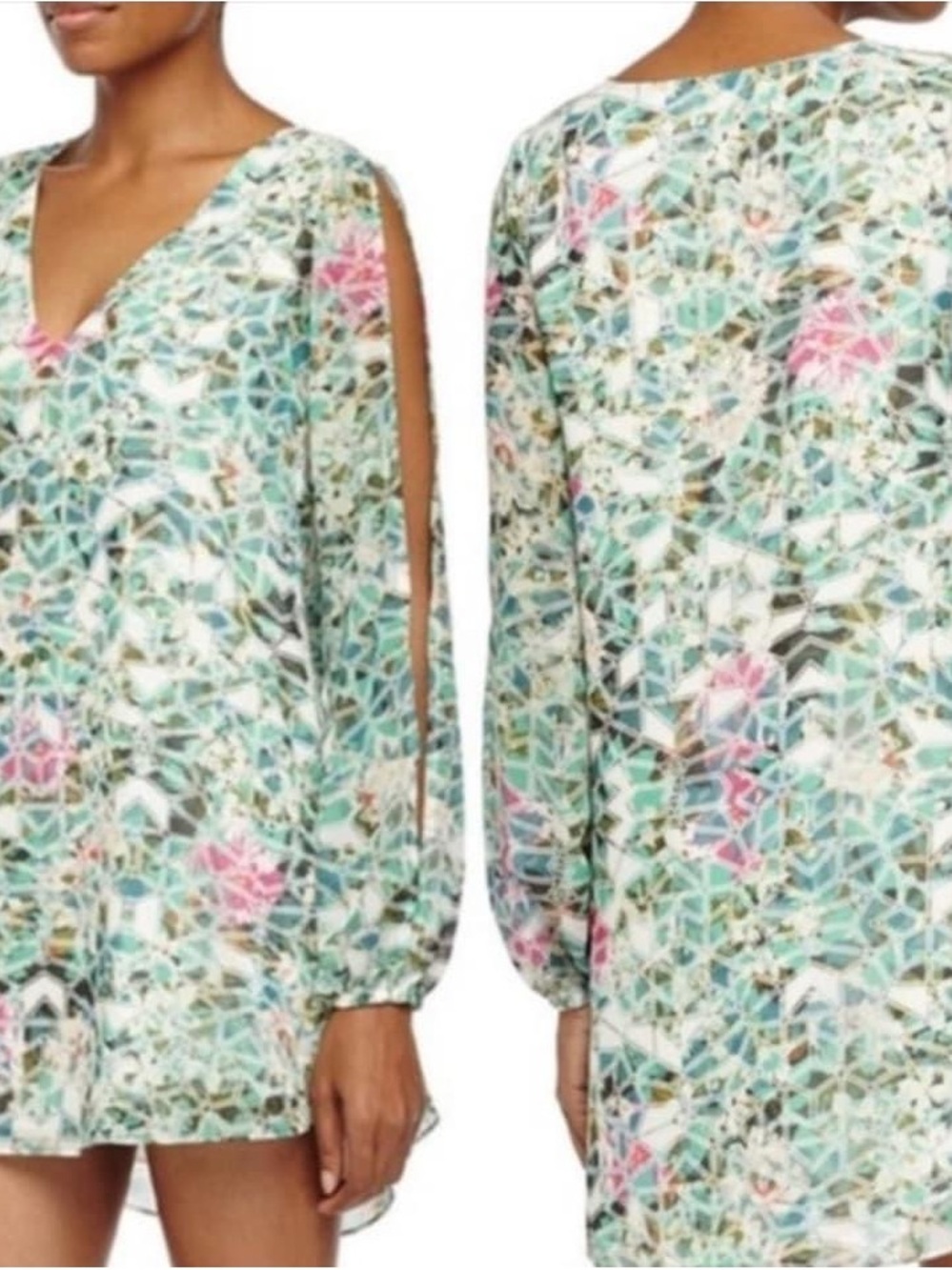 Lovers + Friends Mint Mosaic Split-Sleeve Chemise with Pink Accents